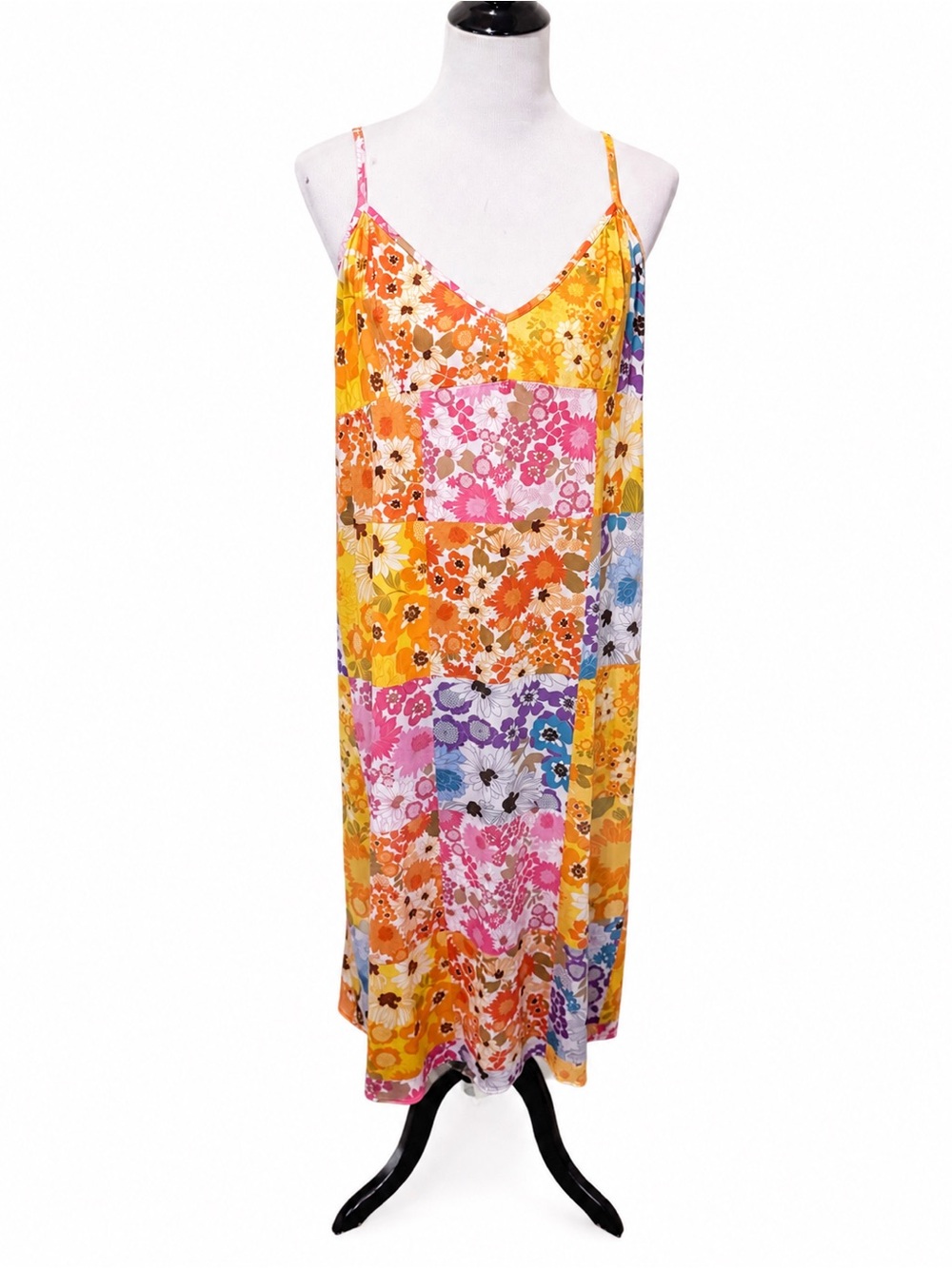 XL Floral Patchwork like  Midi Dress Adjustable Straps | Boho Cottagecore